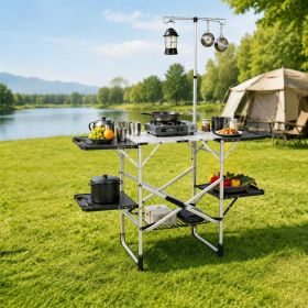 Foldaway Outdoor Cooking Table with Detachable Lamp Holder 4 Fold Side Trays Mesh Storage Shelf (Color: Silver)